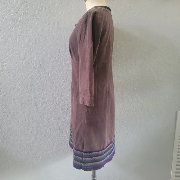 BODEN Corduroy Dress 6R Womens 3/4 Sleeve Embroidered Shift Midi Brown - Picture 3 of 11